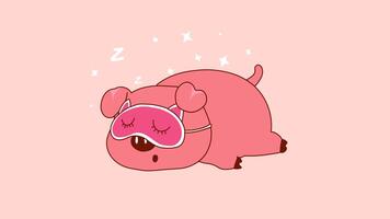 Cute Cartoon Pink Pig Sleeping with Sleep Mask on a transparent background. Loop animation video