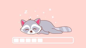 Looping animation of a cute sleeping raccoon with a progress bar, cartoon style on transparent background video