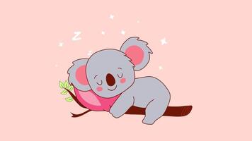 Cute Cartoon Sleeping Koala on Branch with Pink Pillow on a transparent background. Loop animation video