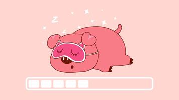 Looping animation of a cute pink pig wearing a sleep mask, with a progress bar, in cartoon style on a transparent background video