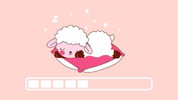 Looping animation of a cute sleeping sheep on a pink pillow with a progress bar, cartoon style on transparent background video