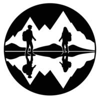 Two people are walking in the mountains with a reflection of the mountains vector