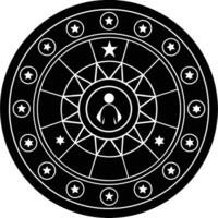 A black and white circular symbol with a man in the center vector