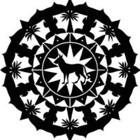 A black and white drawing of a dog in a circular design vector
