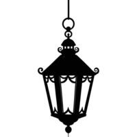 A black and white silhouette of a lantern hanging from a chain vector