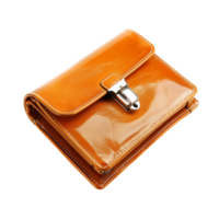Shiny orange leather wallet with metal clasp, showcasing sleek design and vibrant color, perfect for organizing cards and cash while adding stylish touch to any outfit png