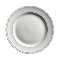 Elegant white ceramic plate with ornate border design, perfect for formal dining or special occasions, adding touch of sophistication to any table setting png