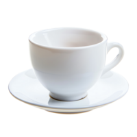 Elegant white ceramic teacup with saucer on isolated transparency background, perfect for enjoying warm beverage. This classic design adds touch of sophistication to any table setting png