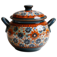 Handpainted ceramic pot with vibrant floral design, showcasing intricate patterns and bright colors, perfect for adding touch of elegance to any kitchen or dining space png