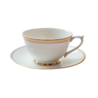 Elegant white porcelain teacup with saucer featuring delicate gold trim, perfect for afternoon tea or special occasions, adding touch of sophistication to any table setting png
