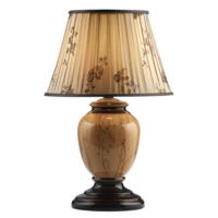 Elegant table lamp featuring floral patterned shade and classic ceramic base, perfect for adding touch of sophistication to any room. Its warm tones create cozy atmosphere png