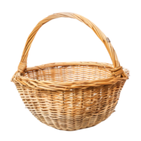 Closeup image of empty woven wicker basket with handle, showcasing its intricate design and natural texture, perfect for various uses and adding rustic charm to any setting png