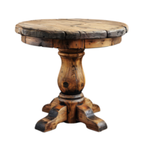 Rustic wooden round table with intricate craftsmanship, showcasing sturdy base and beautifully finished top, perfect for any cozy setting png