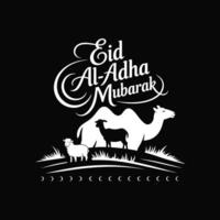 eid al-adha mubarak greeting card design with sheep and camels vector