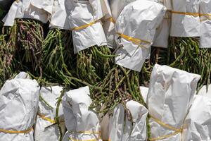 Freshly harvested samphire displayed at local market in early morning light photo