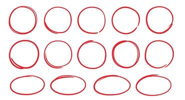 Hand drawn red marker round frame. Hand drawn marker stroke style doodle red circle frame. Scribble round frame for check, text highlight. Grunge scratch style set. vector