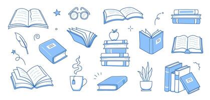 Book library stack sketch set. Hand drawn sketch doodle style line book stack. Library, reading, school doodle concept icon background. Blue pen line style stroke. vector