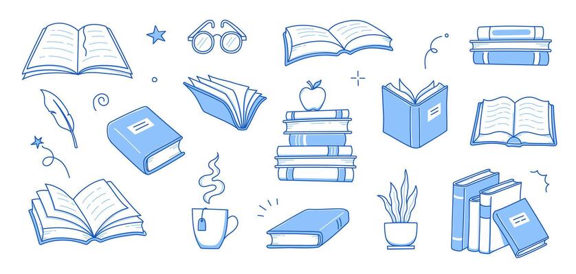 Book library stack sketch set. Hand drawn sketch doodle style line book stack. Library, reading, school doodle concept icon background. Blue pen line style stroke.