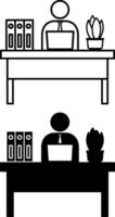 Workspace Icons. Black and White Illustration. Office Employee Working at Desk. Flower in Pot and Work Folders. Concept Work and Business vector