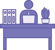 Colored Workspace Icon. Illustration. Office Employee Working at Desk. Flower in Pot and Work Folders. Concept Work and Business vector