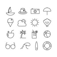 Set of Summer Icons with Editable Stroke, Boat, Hat, Camera, Palm Tree, Lemonade, Surfboard, Ocean Wave, Sun, Sunglasses, and More in Line Art Style vector