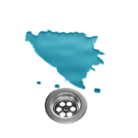 Water shaped of Bosnia Map on a stainless steel surface draining into a drain 3d illustration png