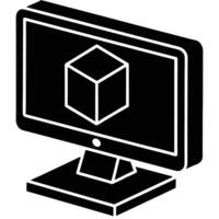 Isometric computer monitor displaying 3d cube model in a minimalist black and white design vector