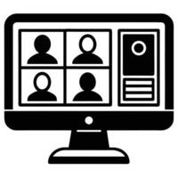 A black and white icon illustrating a conference on a computer monitor vector