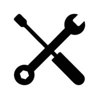 Black and white icon of a wrench and screwdriver crossed tools against a white background vector
