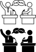 Debate Icons. Black And White Illustrations. Public Exchange Of Opinions Of Two Sides. People On The Podium With Microphones Argue With Each Other. Speaking Concept vector