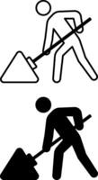 Work In Progress Icons. Black and White Illustrations. Man With Shovel Digging The Ground. Worker Diligently Performing His Tasks. Work and Office Concept vector
