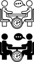 Deliberation Icons. Black and White Illustration. People Talking Around the Table. Meeting, Communication, Hours, Solving Problems. Speaking Concept vector