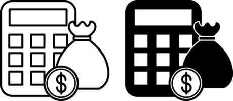 Tax Icons. Black and White Illustration. Calculator, Money Bag, and Dollar Coin. Mandatory Payment Collected By The State From Citizens. Expenses. Personal Finance Concept vector