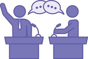 Colored Debate Icon. Illustration. Public Exchange Of Opinions Of Two Sides. People On The Podium With Microphones Argue With Each Other. Speaking Concept vector