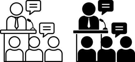 Discourse Icons. Black and White Illustrations. Man on Podium Talking to Audience. Speech, Report, Conference, Seminar. Speaking Concept vector