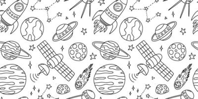 Doodle space seamless pattern. Rocket, planet, stars, Satellite and meteorite pattern vector