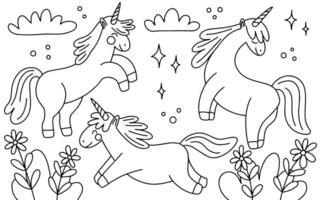 Unicorns coloring page with clouds and stars. unicorns sketch set vector