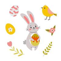 Cute bunny holds colorful egg surrounded by spring elements like flowers and a bird vector