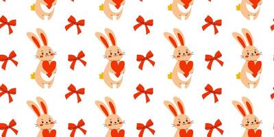 A cute bunny holds a heart decorated with cheerful bows in a delightful pattern vector