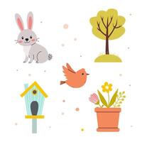 Cute spring illustration featuring a rabbit, bird, tree, and flowers in a playful style vector