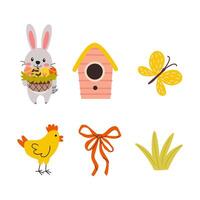 Colorful spring illustrations featuring a rabbit, birdhouse, butterfly, chicken, ribbon, and grass in a cheerful, playful design vector