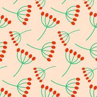 Colorful pattern of simplistic plants with red circles on green stems against a light background vector