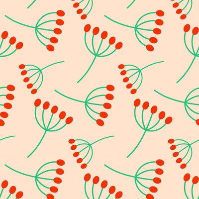 Colorful pattern of simplistic plants with red circles on green stems against a light background