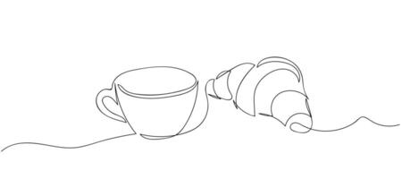 Croissant and coffee Continuous line drawing. Breakfast theme with linear pastry and coffee for logo and posters, simple sketch design. illustration isolated on white background vector