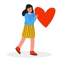 A joyful girl is carrying a heart in an eyecatching and colorful illustration style vector