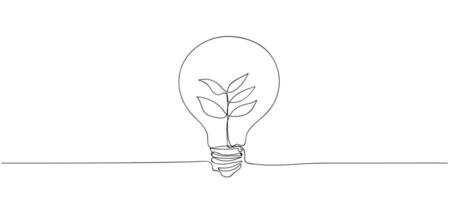 Continuous line drawing of a light bulb with a sprout inside on white background. Clean energy concept, environmental protection. vector