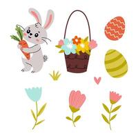 Cute rabbit with a carrot beside a basket of flowers and Easter eggs in a playful spring design vector