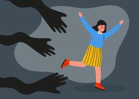 girl runs away from fear, social influence, control and manipulation. Concept of escaping from addiction and dependence. Colored flat textured illustration of man attached to creeping hands vector