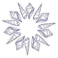 Round frame made of shells in Hand drawn whimsical style. Decorative arrangement of seashells in a circular pattern with intricate designs on a plain background created by hand vector