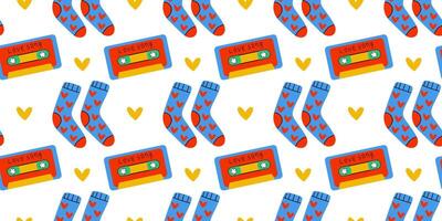 Colorful background for Valentine's day with cassette tape and socks, seamless pattern on white background. vector